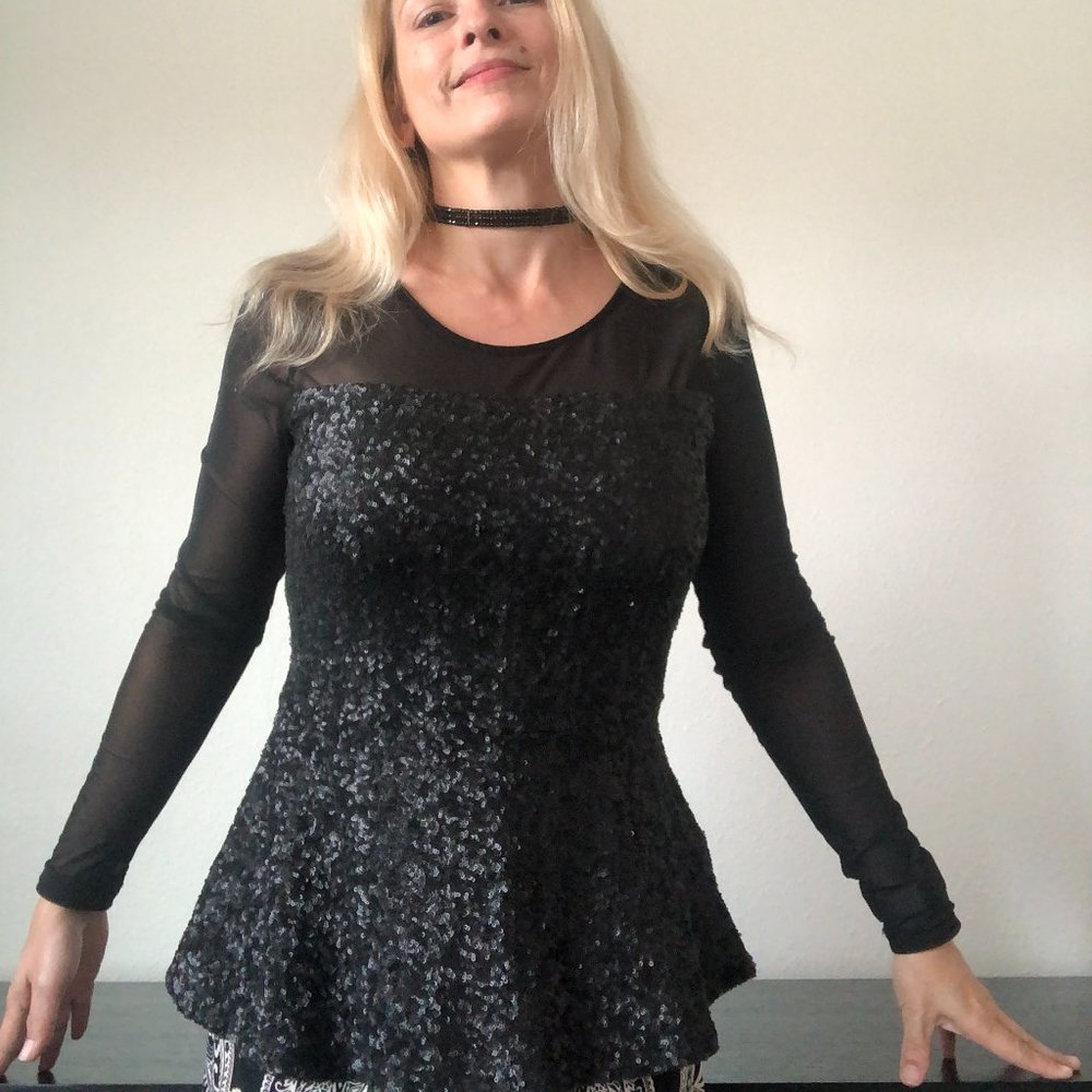 Price Drop!! Boston Proper Sequined Peplum Sheer Sleeves